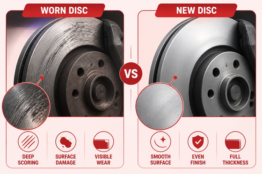 Close-up of a worn brake disc showing deep scoring marks, surface damage, and visible wear patterns compared to the smooth surface of a new disc