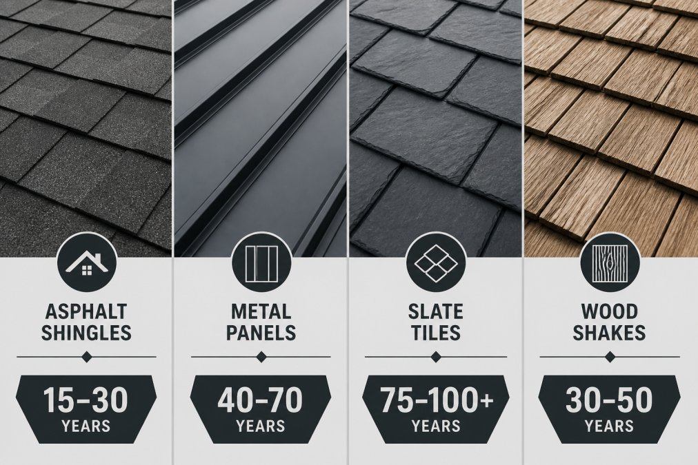 Close-up view of different roofing materials side by side: asphalt shingles, metal panels, slate tiles, and wood shakes on a sunny day showing distinct color and texture differences