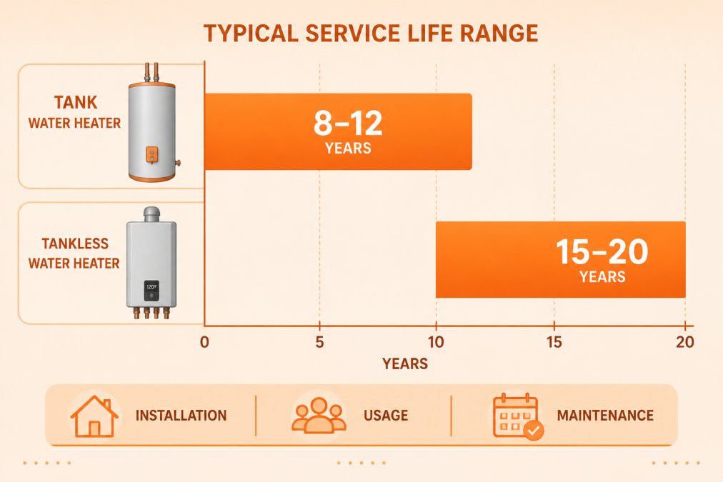Bar chart comparing typical service life ranges: tank water heaters 8-12 years, tankless water heaters 15-20 years, with a note that ranges vary by installation, usage, and maintenance