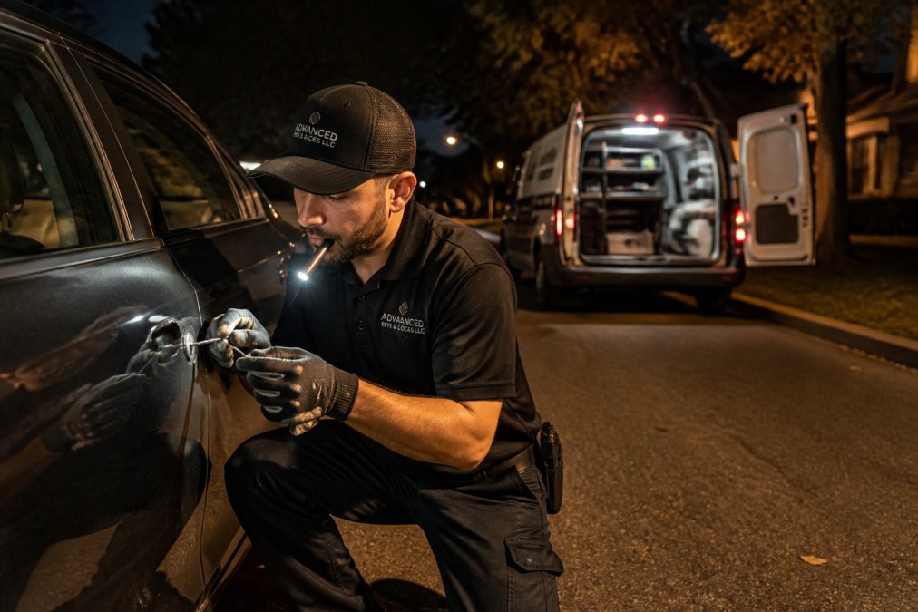 Locksmith in uniform using a flashlight to unlock a car at night, highlighting a fast locksmith response time.