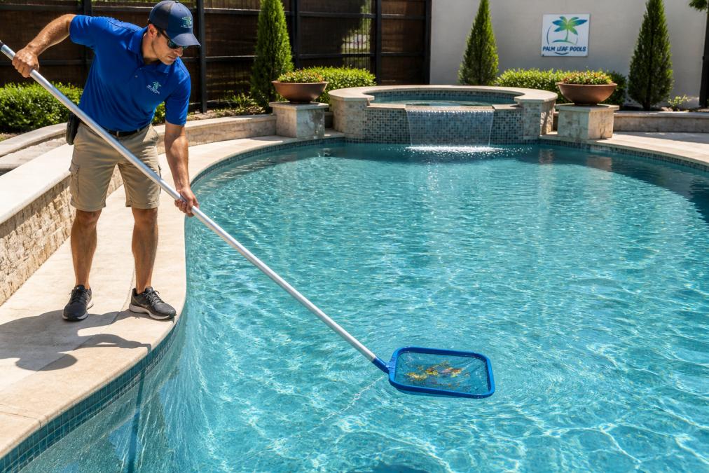 Professional pool technician skimming debris from the surface of a residential in-ground pool with clear blue water on a sunny afternoon, showing the hands-on work of weekly maintenance