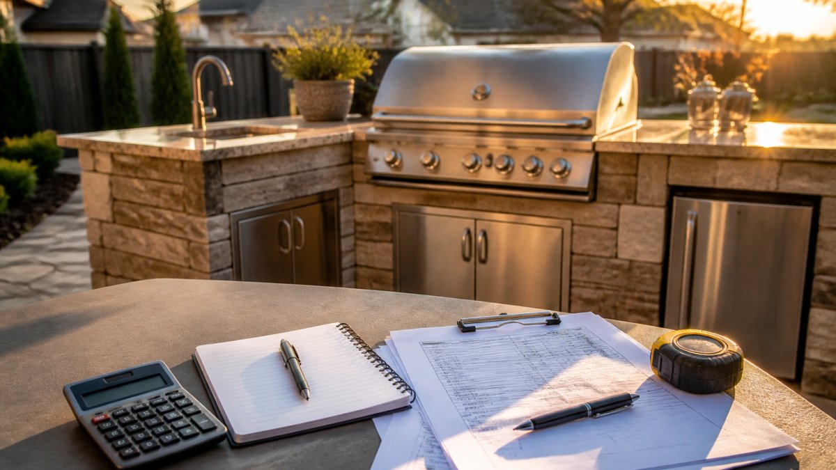 Professional outdoor kitchen with built-in stainless steel grill, natural stone countertops, and custom cabinetry in a residential Dallas-area backyard during golden hour lighting