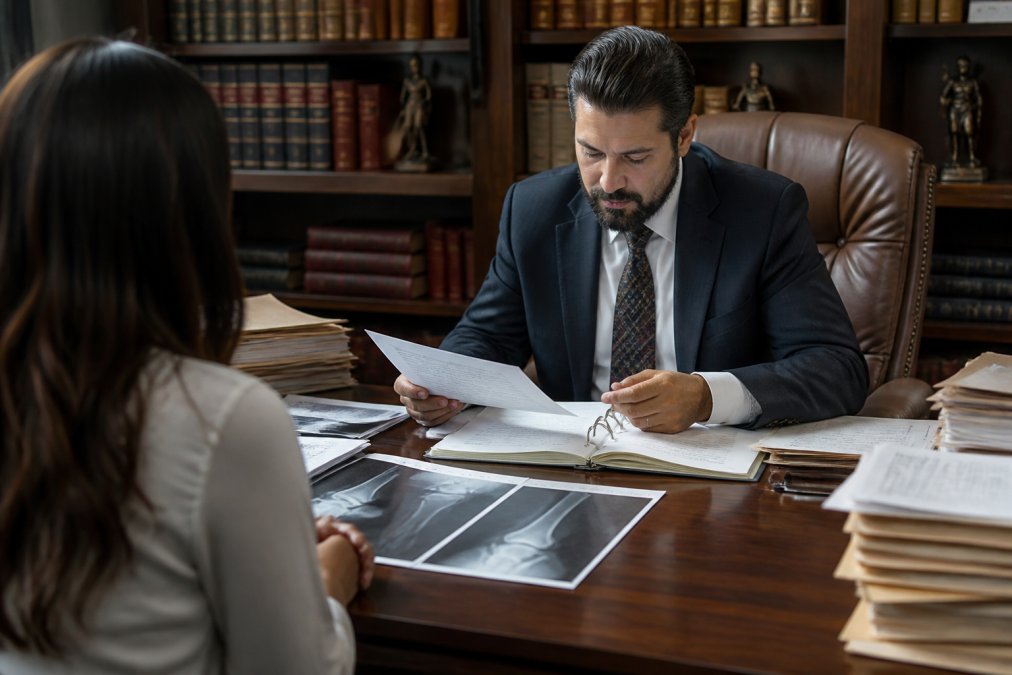 A personal injury attorney in a professional law office reviewing medical records and case documents at a large desk, with a client seated across from them, warm overhead lighting and bookshelves visible in the background