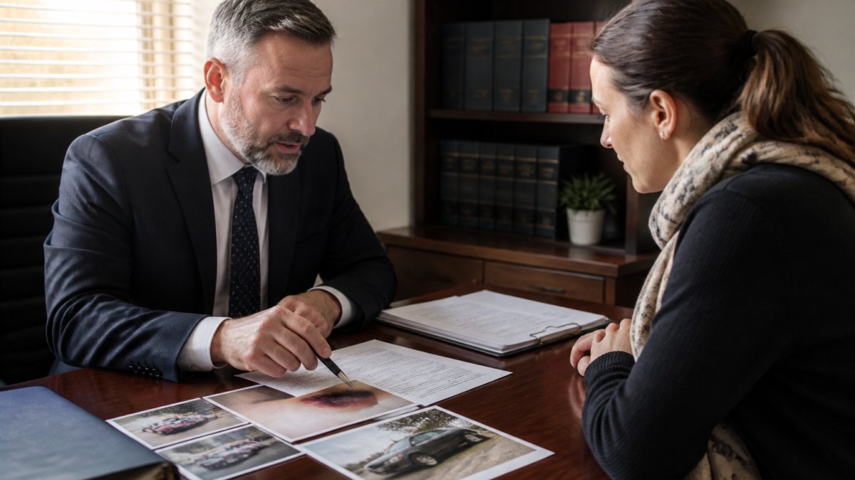 Professional solicitor reviewing medical documents, injury photographs, and accident scene evidence laid out on a desk with natural office lighting