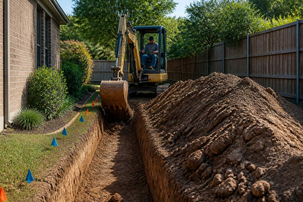 Crew using an excavator to dig a base trench for retaining wall installation in a sunny backyard.