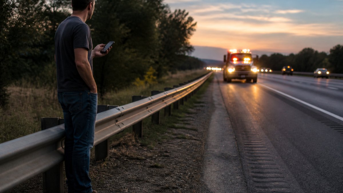 A driver standing safely behind the guardrail on the shoulder of a highway at dusk, holding a phone, with a tow truck approaching in the distance with flashing lights