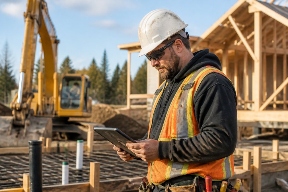 A Red Seal certified tradesperson in safety gear reviewing plans on a tablet at a construction site, tools and equipment visible in the background, natural daylight