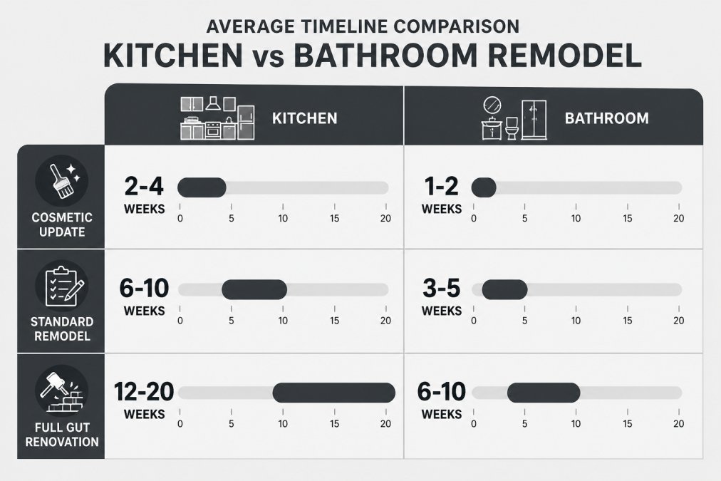 Bar chart comparing average timeline ranges: Cosmetic update kitchen 2-4 weeks vs bathroom 1-2 weeks, Standard remodel kitchen 6-10 weeks vs bathroom 3-5 weeks, Full gut renovation kitchen 12-20 weeks vs bathroom 6-10 weeks