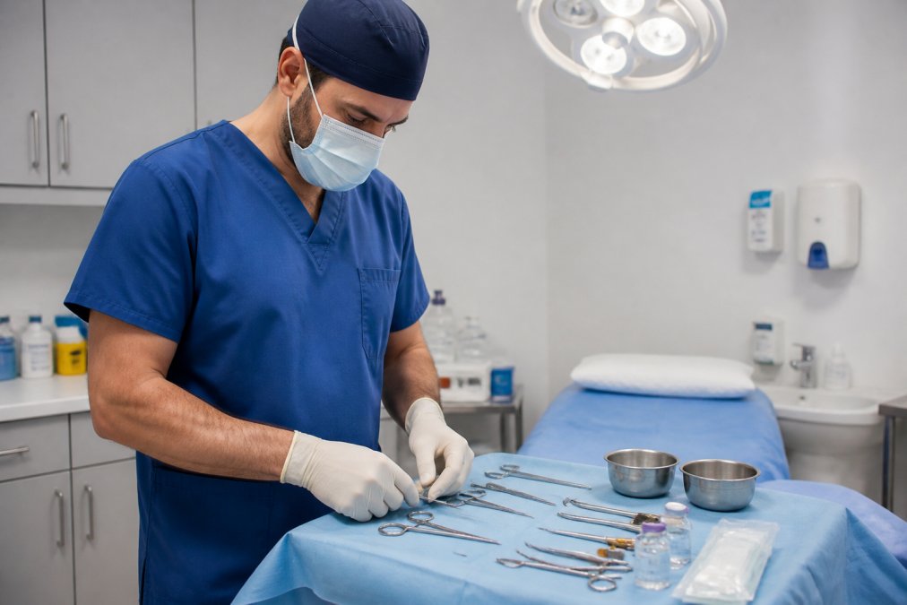 GMC-registered doctor in sterile clinical setting preparing minor surgical instruments on a surgical tray, with local anaesthetic vials and sterilised equipment visible, professional medical environment with bright overhead lighting