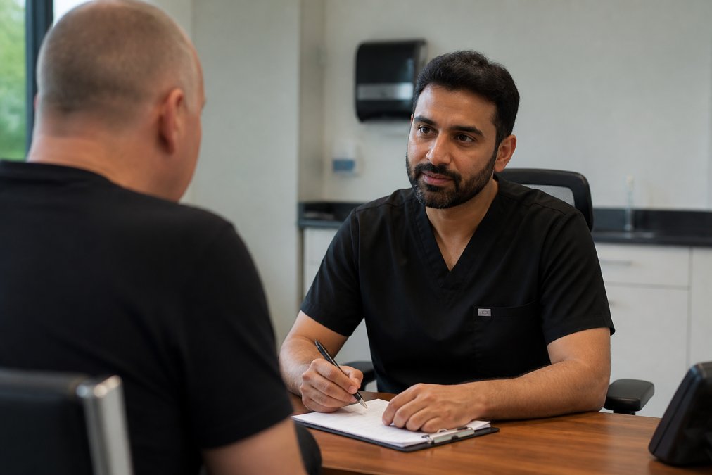 Patient in consultation with healthcare professional across desk in modern clinical setting, medical notes and computer visible, professional face-to-face appointment environment with natural lighting