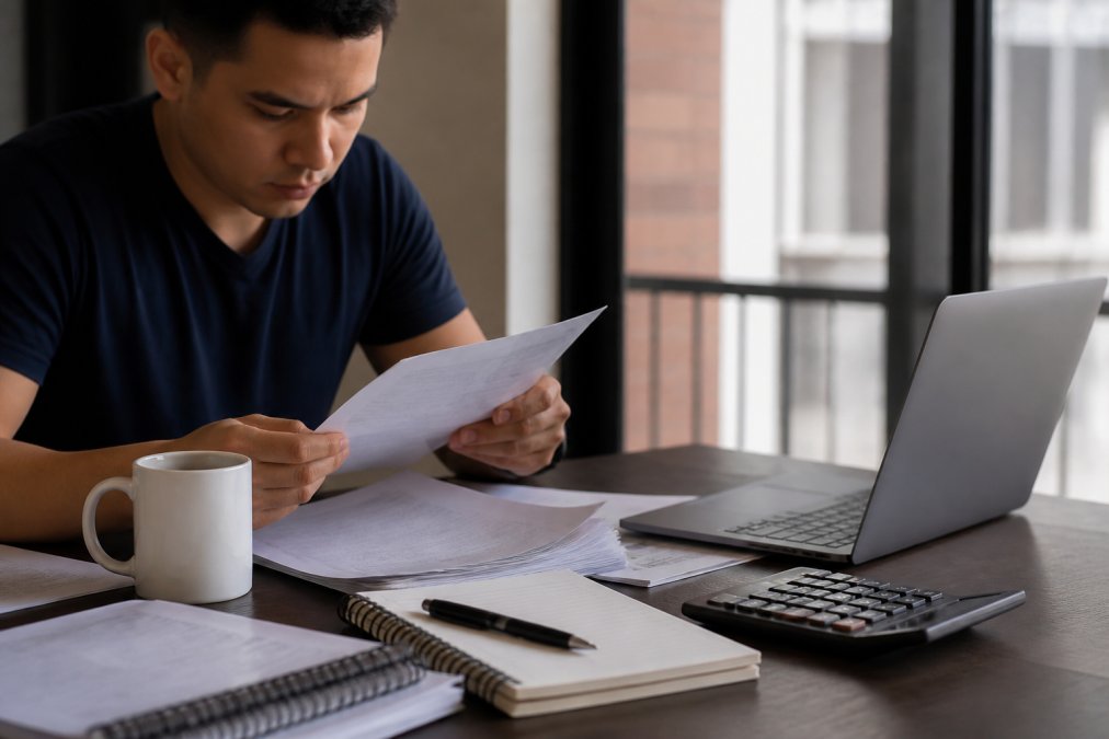 Student dispatcher reviewing printed study materials and documents at a desk with a laptop, coffee cup, and notebook nearby