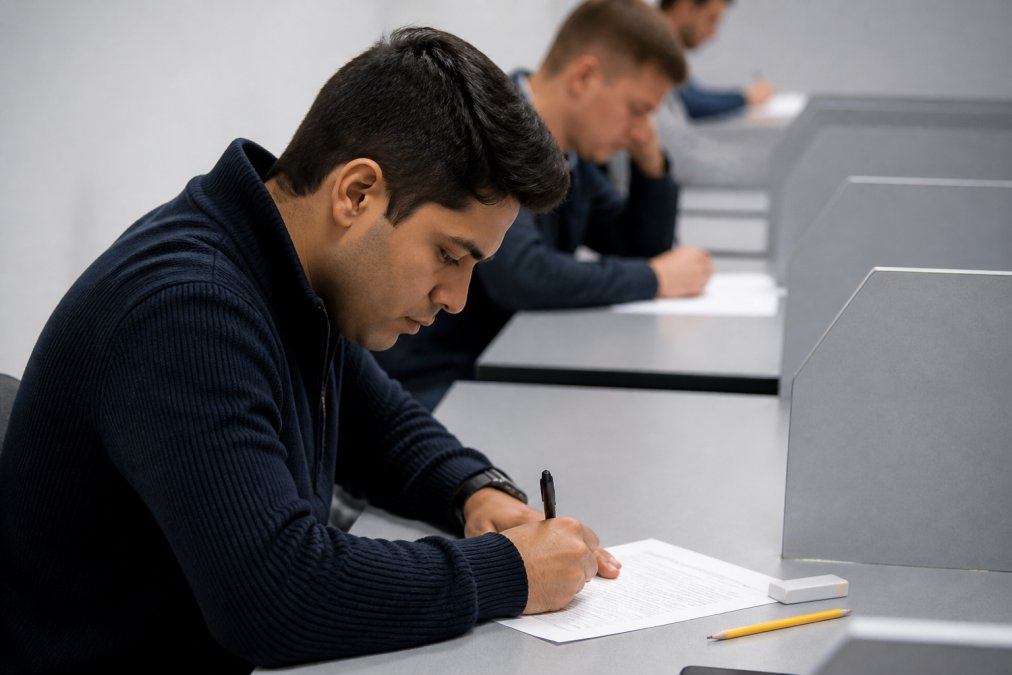 Focused individual at a computer workstation taking an exam, representing the computer-based testing environment for certification