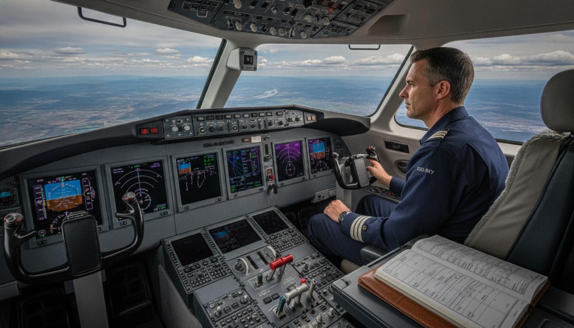 Pilot in modern glass cockpit with multiple digital flight displays illuminated, hands positioned on control yoke during flight operations, showing integrated avionics screens