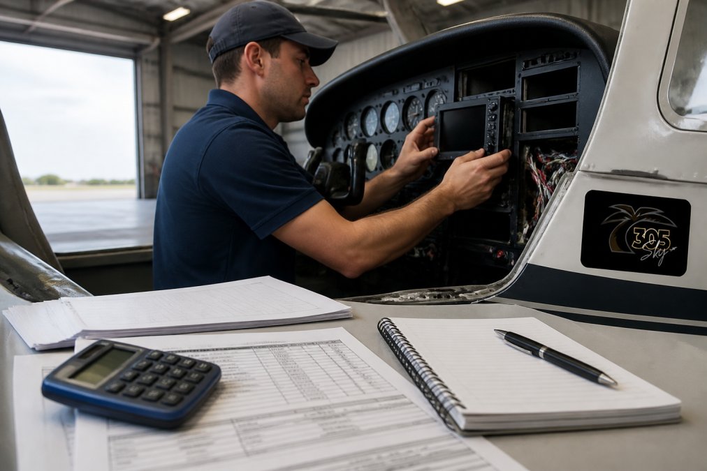 An avionics technician in a clean, well-lit hangar carefully installing a new GPS navigator into the instrument panel of a single-engine piston aircraft, wiring harness exposed, with soft daylight through the hangar doors