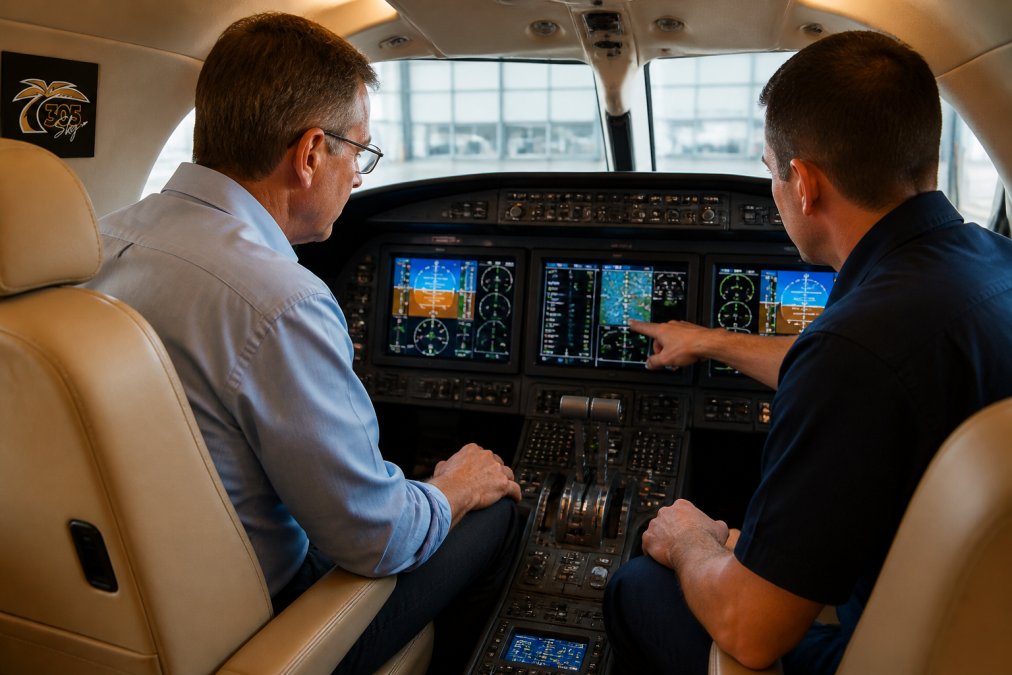 Aircraft owner and avionics technician reviewing a glass cockpit display inside a private jet cabin, instrument panel visible, warm cabin lighting