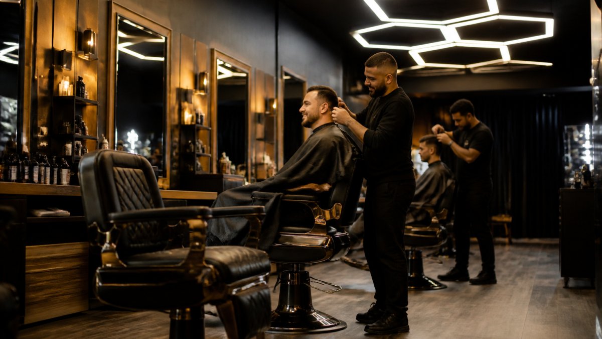 Intérieur d'un salon de barbier moderne et luxueux avec des chaises confortables, un éclairage hexagonal distinctif, des miroirs et une ambiance décontractée et conviviale