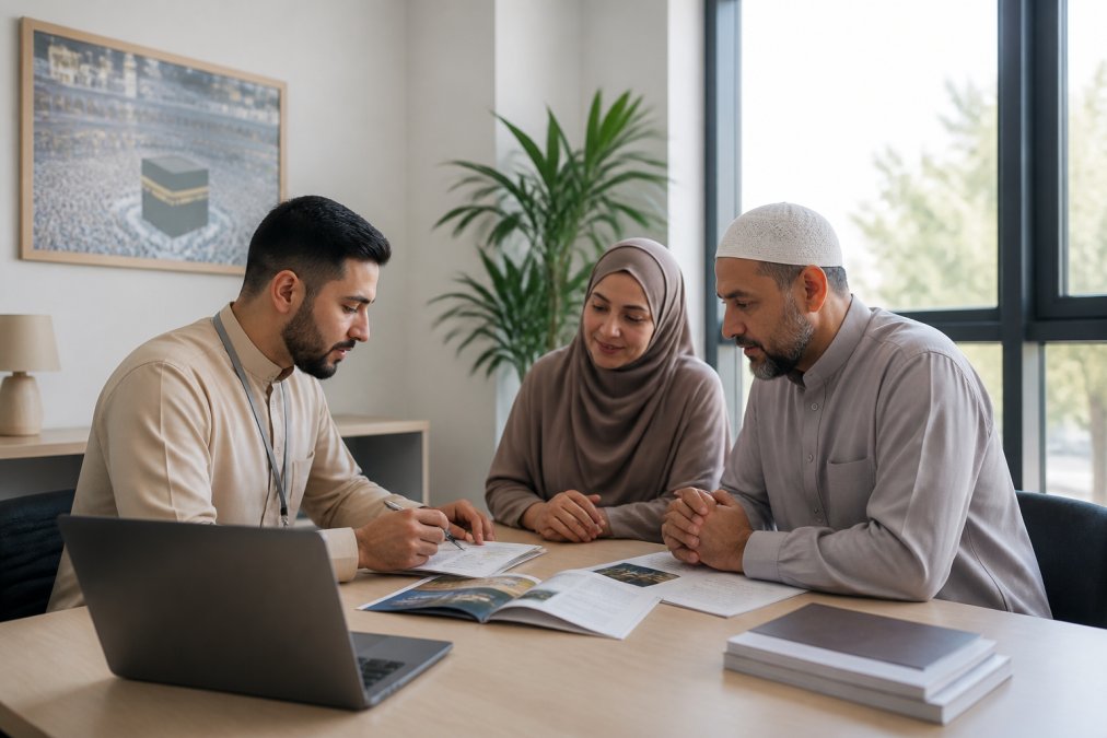 Schéma du processus d'accompagnement pour les forfaits Hajj incluant le conseil personnalisé en agence.