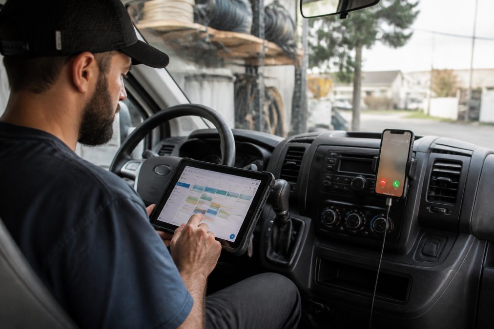 An electrician in a work van looking at a tablet displaying a dispatch schedule, with a phone mounted on the dashboard showing an incoming call notification