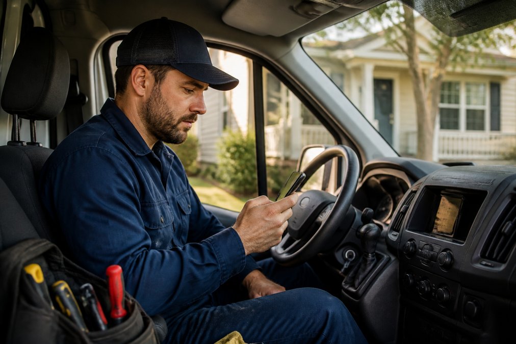 HVAC technician checking an AI voice agent call log on a smartphone while comparing Avoca vs Realvoice options