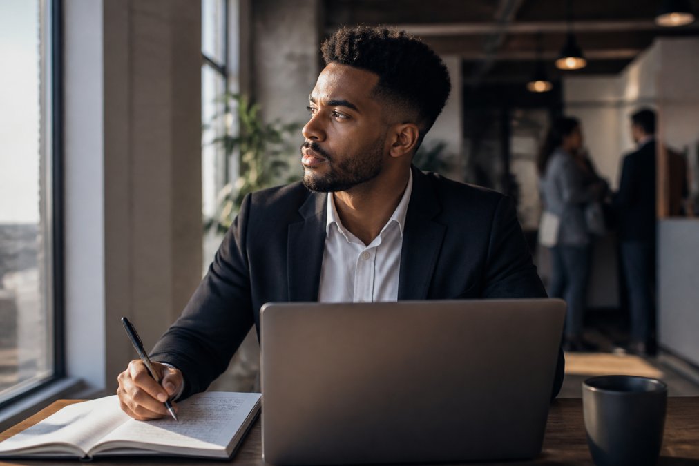 Professional in business casual attire wearing helping apparel, sitting at desk with laptop and notepad, displaying confidence and determination while working on career goals in modern office with natural lighting