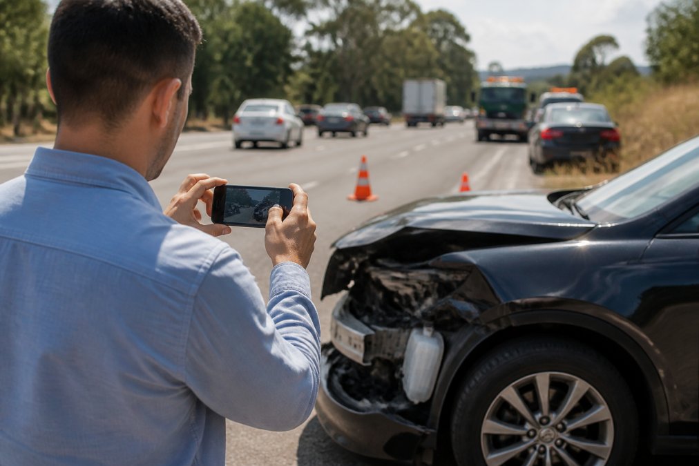 Driver standing beside damaged car at roadside, taking smartphone photos of vehicle damage and accident scene with traffic cones and other vehicles visible in background