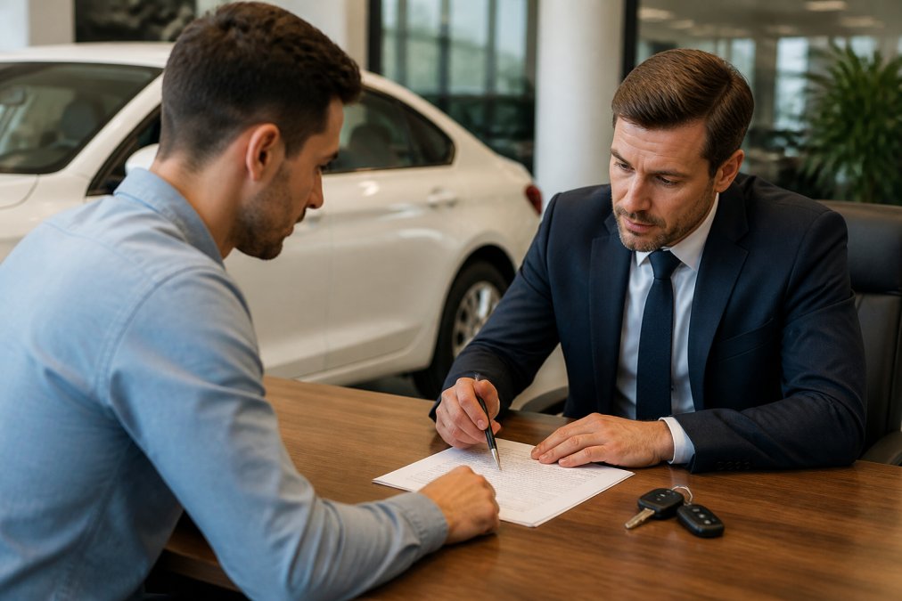 Customer at rental car counter reviewing paperwork and rental agreement with agent, with car keys and agreement documents visible on desk, professional office setting