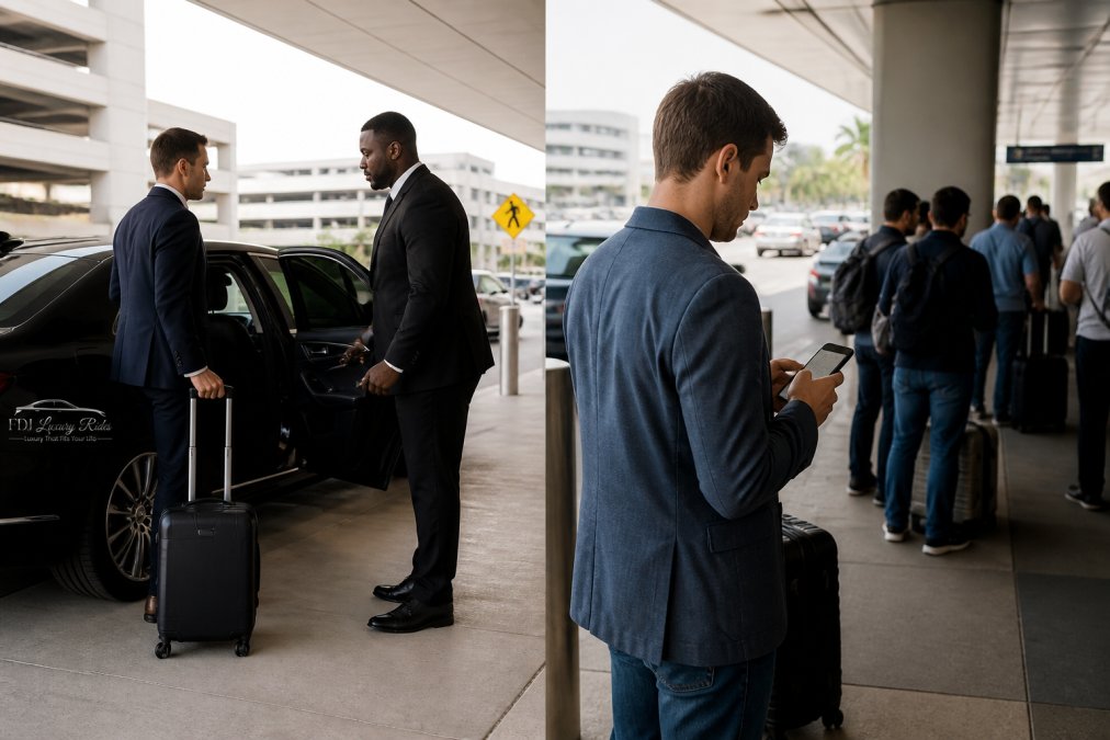 Business traveler with luggage checking smartphone for ride status while standing in modern airport terminal with other passengers and directional signage visible in background