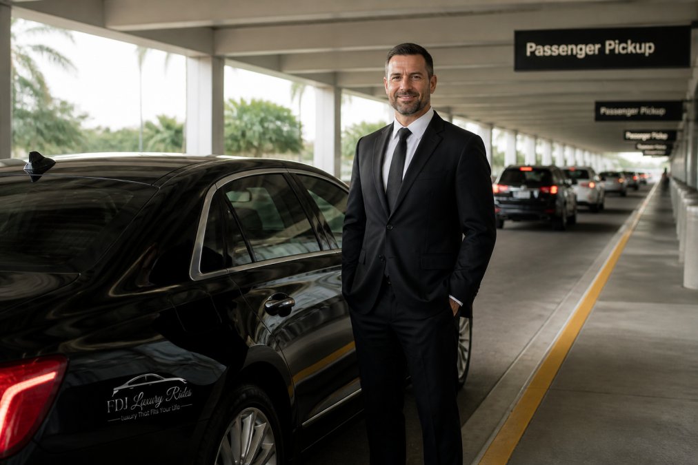 Professional driver in business attire standing beside luxury sedan at airport terminal pickup zone with clear signage, looking calm and professional with organized traffic flow visible