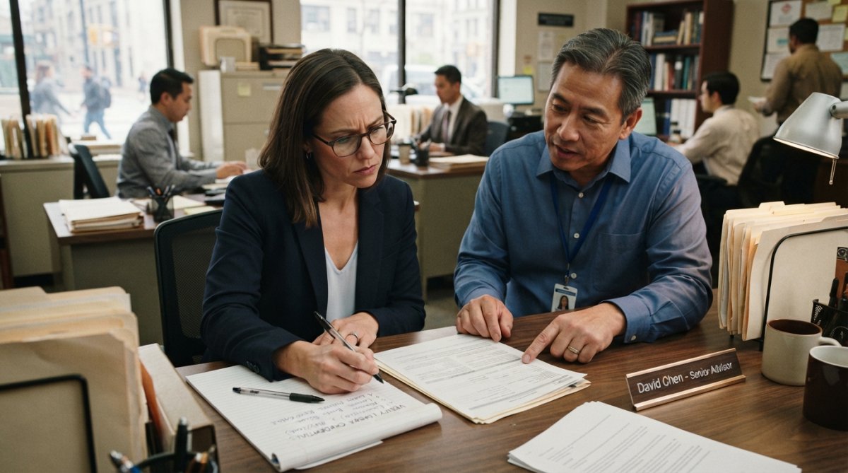 A borrower reviewing loan documents on a laptop at a desk, with a notepad and pen nearby, appearing focused and cautious
