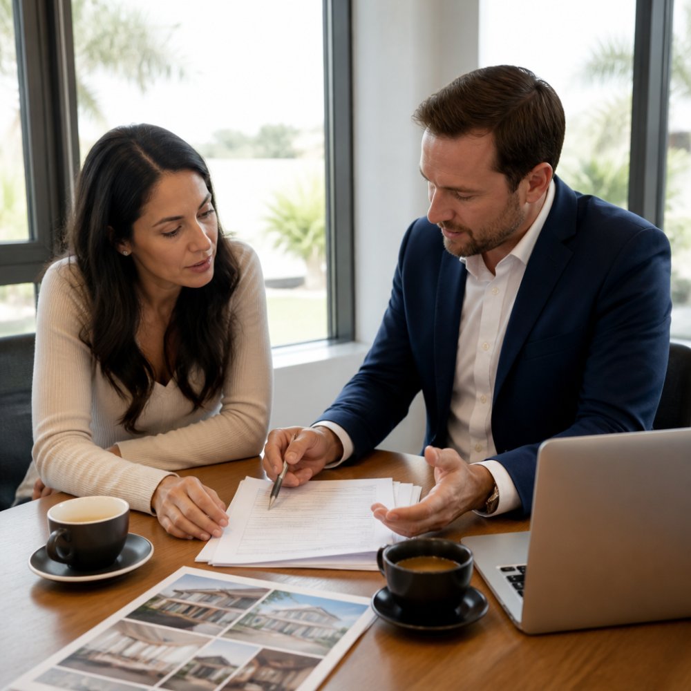 Real estate agent and homebuyer sitting at wooden table reviewing property documents and discussing offer strategy, with laptop and coffee cups visible, natural office lighting from large windows