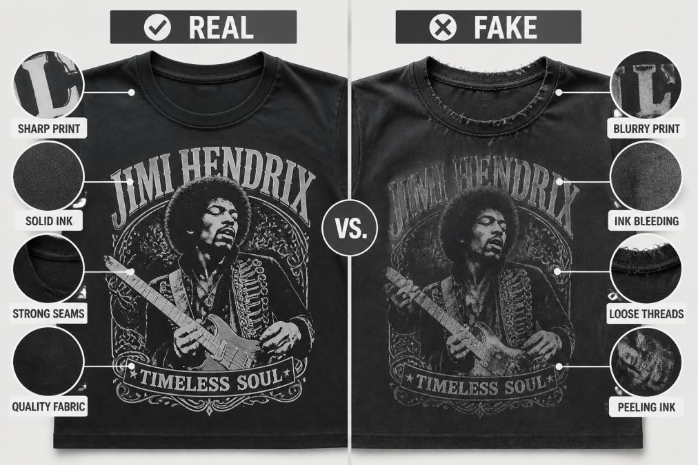 Close-up of two band t-shirts displayed side by side on a work surface, one showing crisp, vibrant screen printing with sharp edges and consistent color saturation, the other showing faded, blurry print with visible ink bleeding, loose threads at the collar, and signs of peeling ink