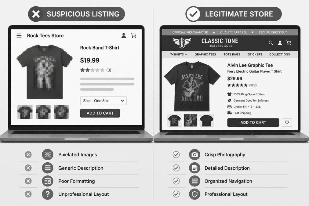 Laptop screen displaying a suspicious online product listing with pixelated product images, generic description text, poor formatting, and unprofessional layout, positioned next to a professional legitimate band merchandise storefront showing crisp photography, detailed descriptions, and organized navigation