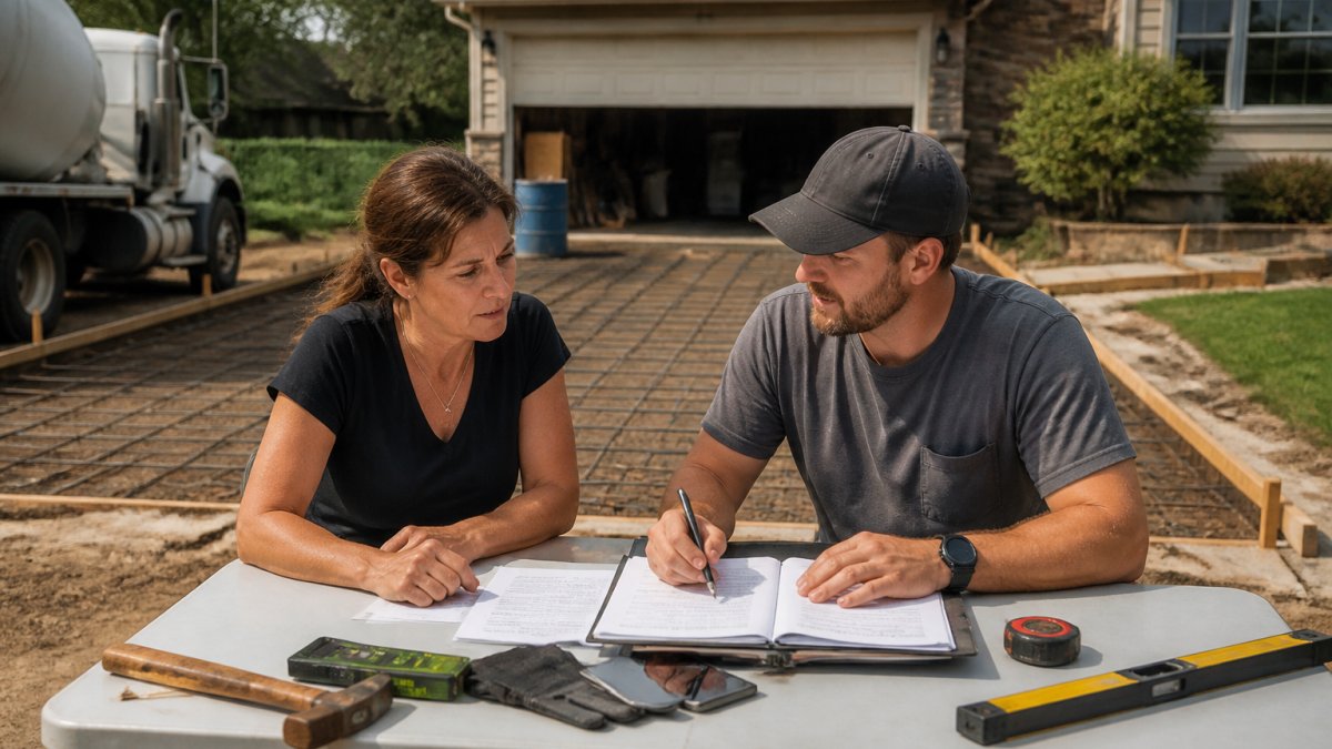 A homeowner and a concrete contractor reviewing a printed estimate and contract documents on a folding table at a residential job site, with a partially prepped driveway and rebar grid visible in the background