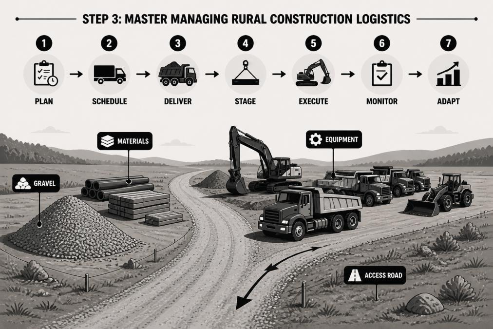 Heavy equipment and trucks staged at a rural construction site with gravel access road, showing material piles and equipment positioned for efficient workflow under clear sky