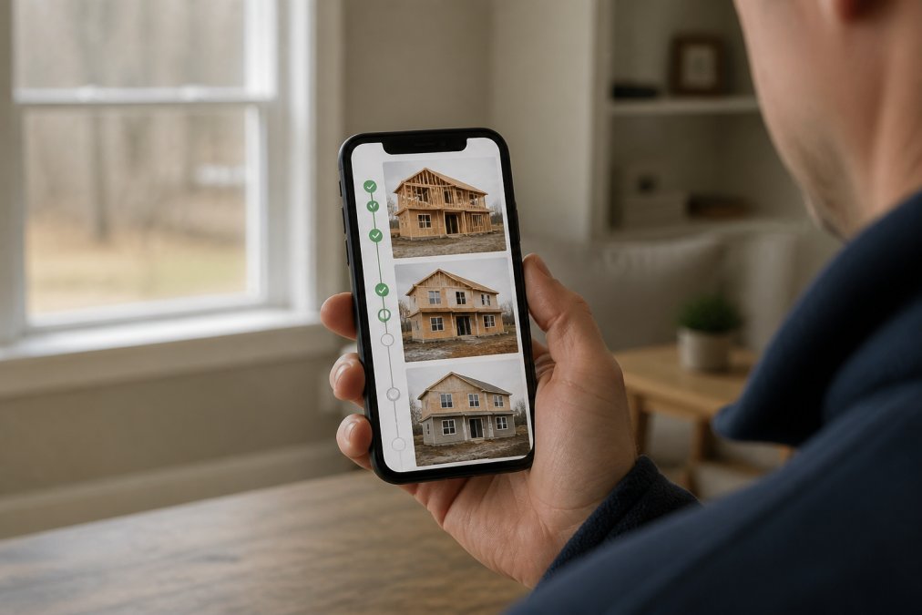 Homeowner holding smartphone displaying a construction project management portal with progress photos, timeline updates, and task completion status on the screen