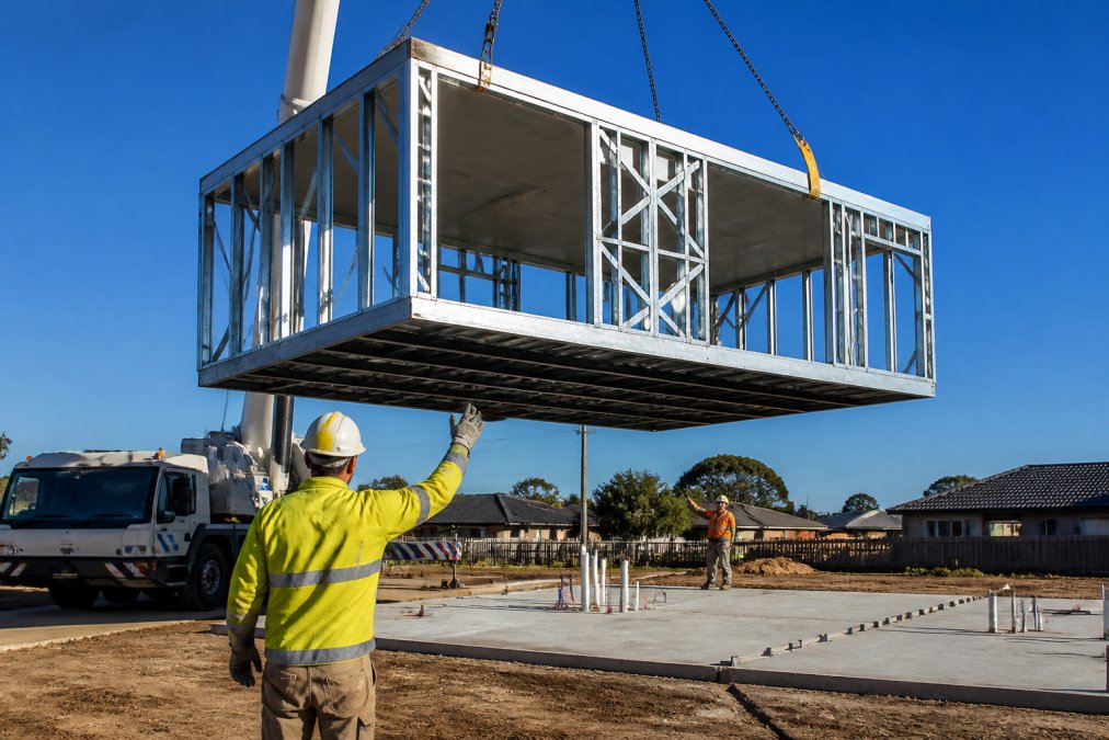 A steel-framed modular home module being lifted by a crane onto a prepared site in Western Australia, with construction workers guiding it into place under a clear sky