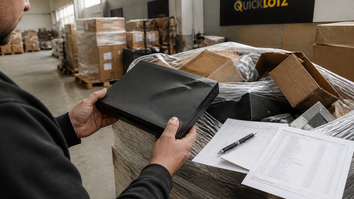 Hands holding a damaged electronics item from a liquidation pallet, examining it closely next to a printed manifest and checklist on a warehouse floor with natural lighting from overhead windows