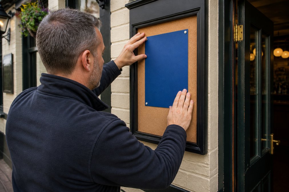 A person pinning a blue A4 licensing notice to a wall-mounted noticeboard outside a pub entrance, with the venue door slightly open behind