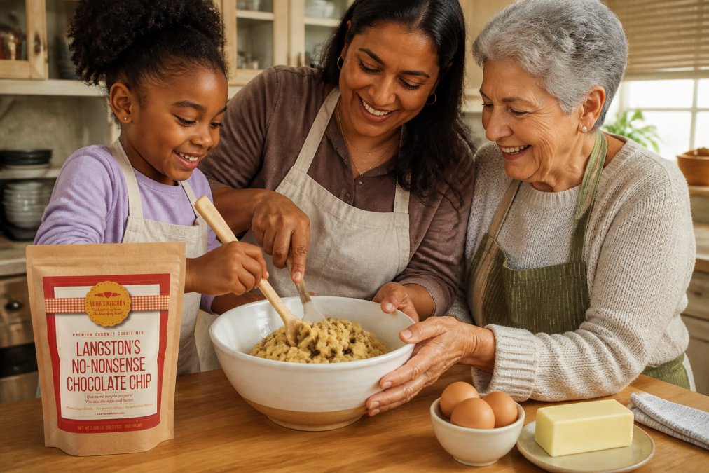 Diverse hands of different ages and ethnicities, including a young Black child, a middle-aged person with brown skin, and an older person with lighter skin, mixing cookie dough together in a ceramic bowl on a wooden counter, with room temperature eggs and butter visible nearby in warm kitchen lighting