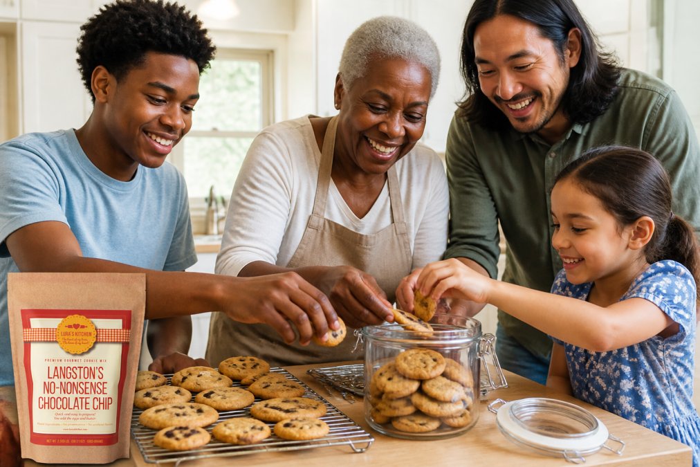 Multi-generational family of varied backgrounds and ages, including a grandmother with dark skin, a young Black teenager, a middle-aged person of Asian descent, and a young child, placing freshly baked cookies on a metal cooling rack together, then carefully transferring cooled cookies into a clear glass airtight container in a bright, warm kitchen