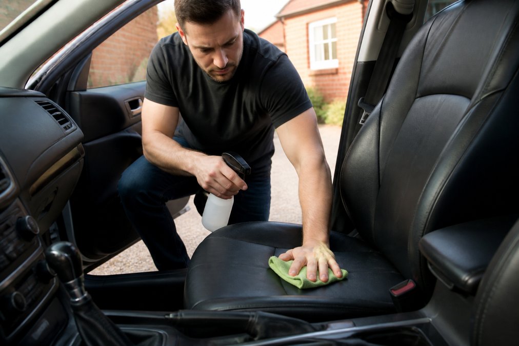 A person in casual clothes cleaning a car's leather seat with a microfiber cloth and interior cleaner, car door open in a driveway, natural daylight