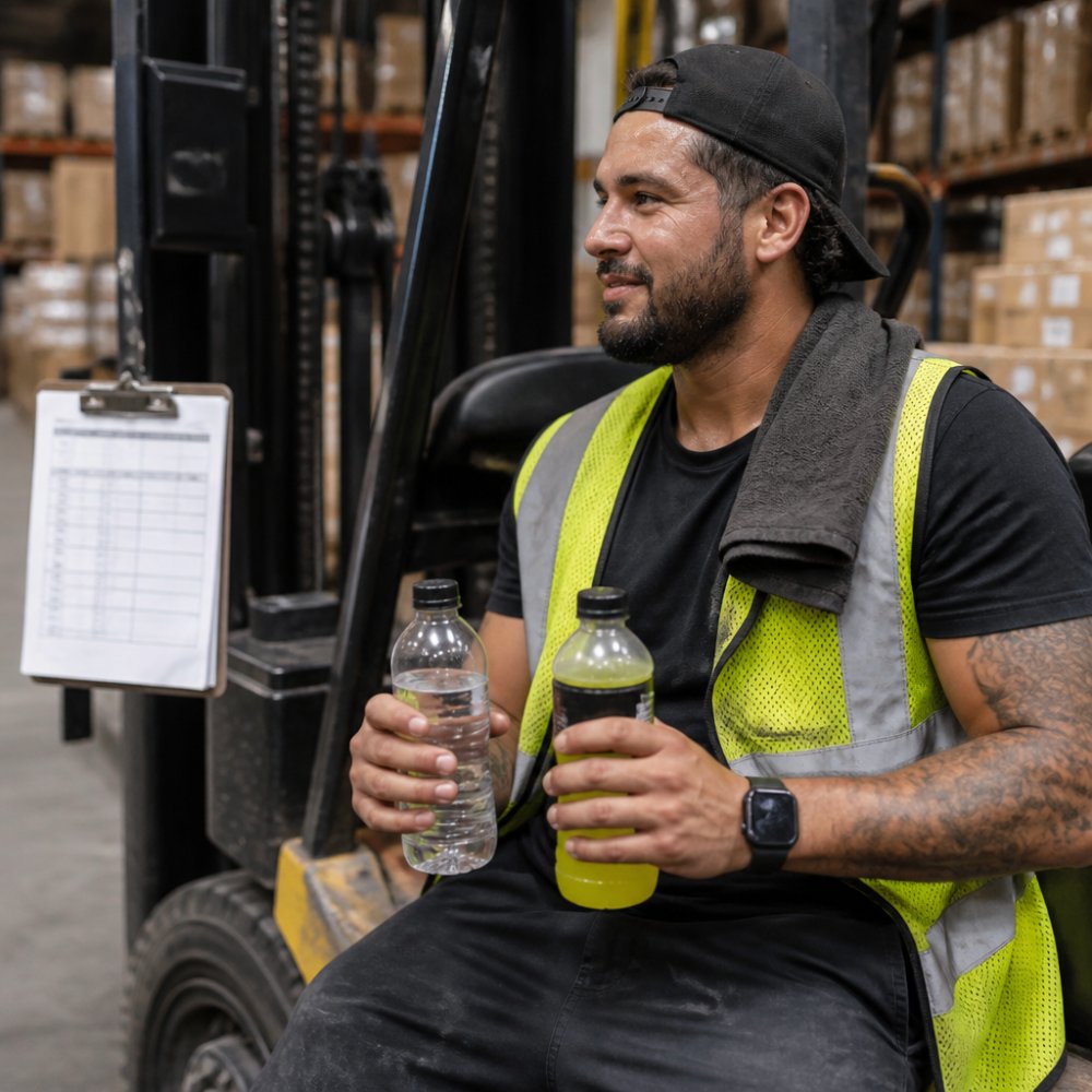 Warehouse worker on break during shift holding a water bottle and electrolyte drink, seated near work equipment with shift schedule visible on clipboard in background