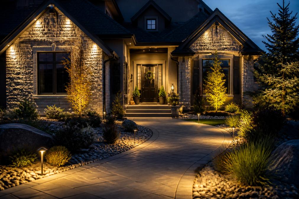 A residential home at dusk with well-layered exterior lighting: warm accent lights illuminating architectural details on the facade, softer ambient lighting along a pathway leading to the entrance, and task lighting near the front door, showing natural depth and dimension without harsh glare
