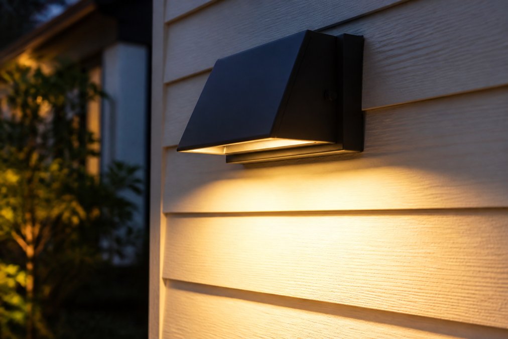Close-up of a properly shielded outdoor fixture mounted on home siding, showing diffused light spreading evenly without harsh glare, with warm color temperature illuminating architectural details