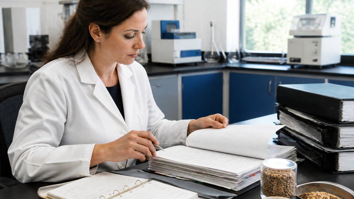 Regulatory affairs professional reviewing documents for FDA product reclassification in a modern laboratory