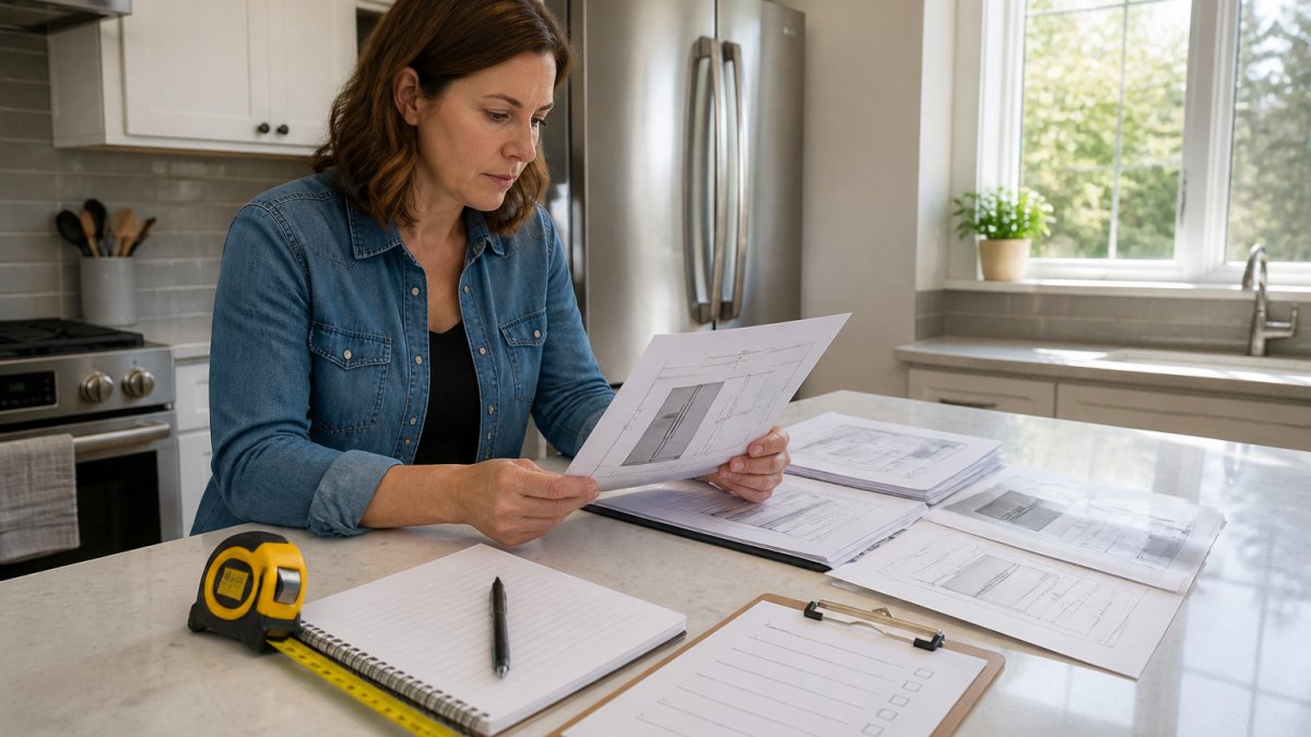 Homeowner reviewing appliance measurements and installation documents at kitchen counter with measuring tape and checklist visible, natural daylight from window