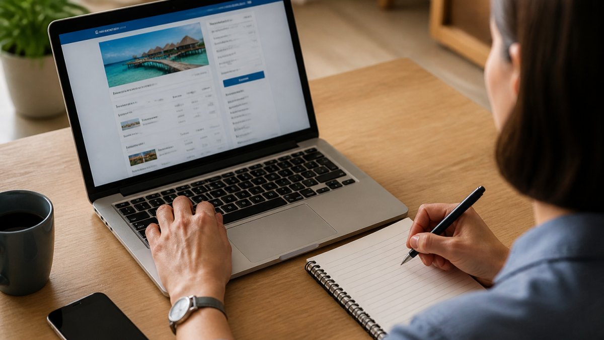 Person at a laptop reviewing a travel booking confirmation screen, with a notepad and pen nearby showing a checklist of items to verify