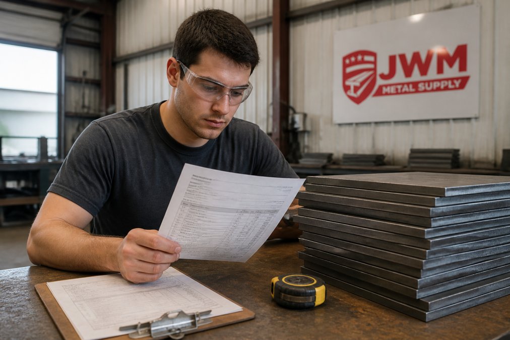Fabrication worker reviewing a steel invoice next to cut metal plates
