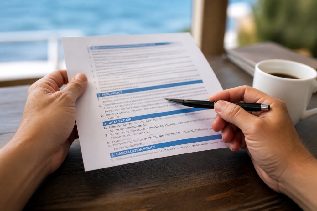 Close-up of hands holding a printed boat rental contract with a pen pointing to the fuel clause section, sitting at a table with a cup of coffee nearby