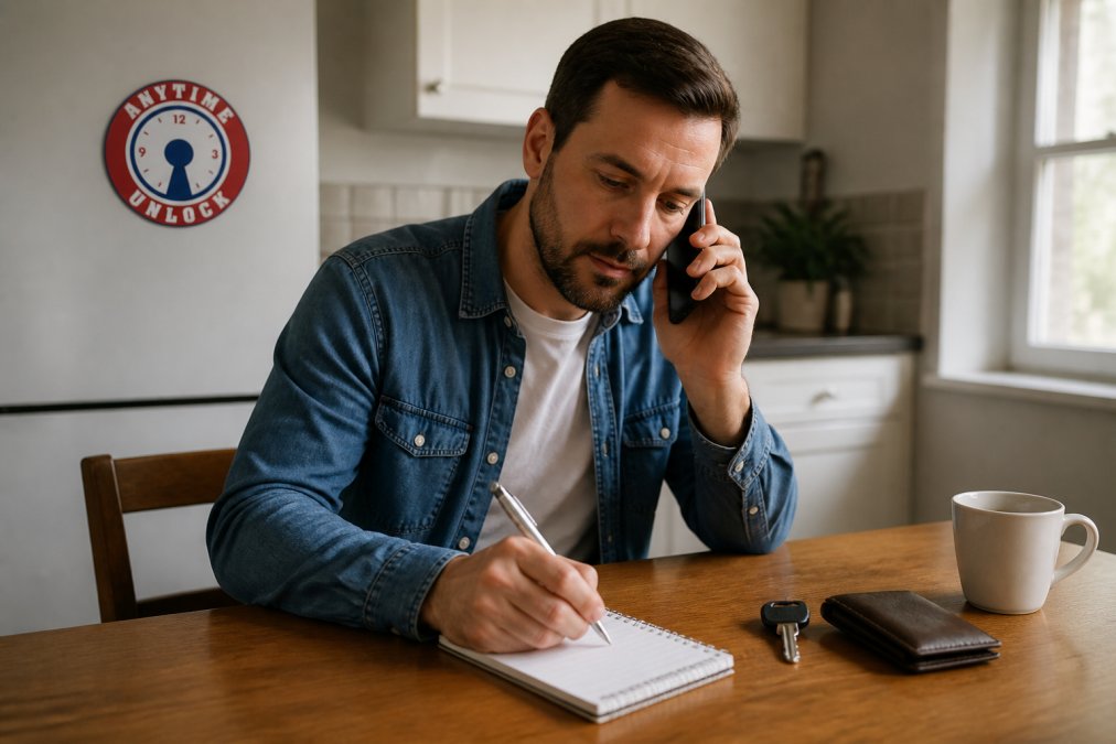 A person sitting at a kitchen table with a smartphone in one hand and a notepad in the other, writing down quote details while speaking on the phone, with a house key and wallet visible on the table